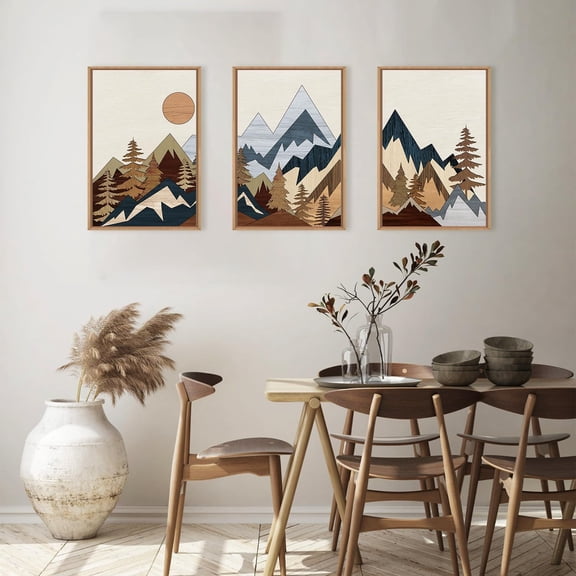 UNFFRAMED Luvia Set of 3 Mid Century Mountain Woodland Poster, Boho Sunrise Pine Tree Wall Art, Wilderness Forest Nature Prints for Living Room Bedroom or Office Set 3 Prints 20x30