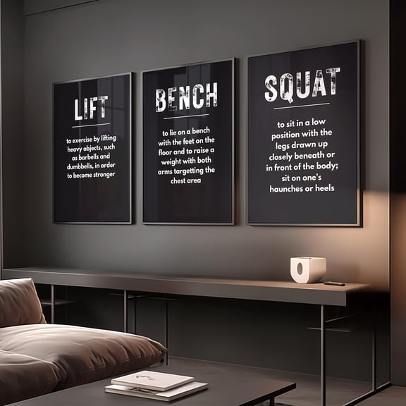 UNFFRAMED Luvia Set of 3 Motivational Lifting Definition Art Prints for Gym, Masculine Gym Decor, Gym Wall Art, Black Poster Prints, Sport Prints for Gym Set 3 Prints 16x24