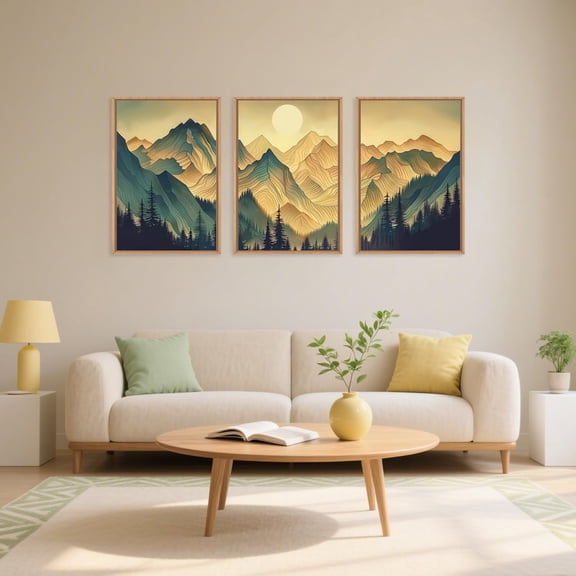 UNFFRAMED Luvia Set of 3 Mountain Forest Poster, Abstract Woodland Sun Wall Art, Boho Natural Woodgrain Prints for Living Room Bedroom or Office Set 3 Prints 16x24