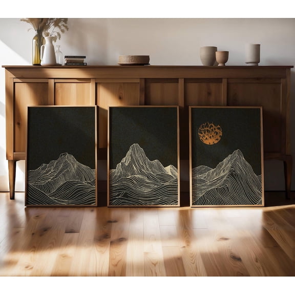 UNFFRAMED Luvia Set of 3 Mountain Triptych Wall Art Night Landscape Poster Set in Black and Burnt Orange for Modern or Contemporary Decor Set 3 Prints 16x24
