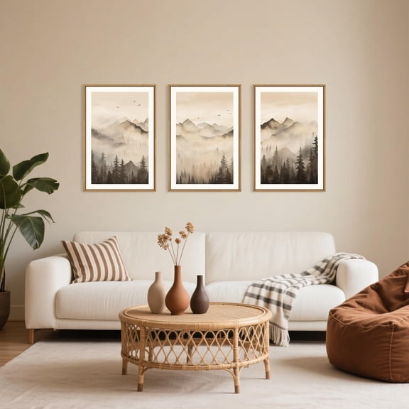 UNFFRAMED Luvia Set of 3 Nature Misty Forest Poster, Foggy Mountain Wall Art, Pine Tree Landscape Prints for Living Room Bedroom or Office Set 3 Prints 20x30