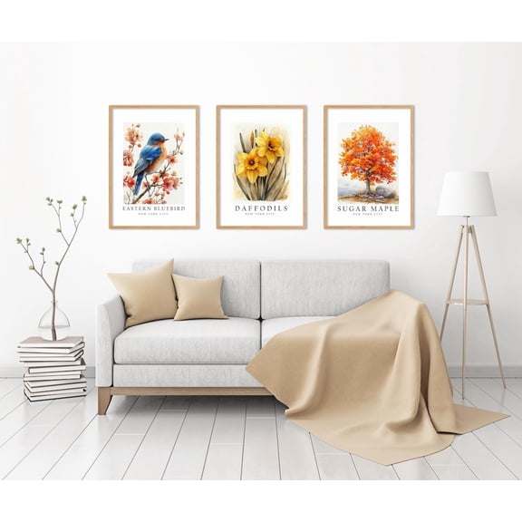 UNFFRAMED Luvia Set of 3 New York City National Symbols Poster Prints, Eastern Bluebird, Daffodils, and Sugar Maple Tree Wall Art Decor Set 3 Prints 8x12
