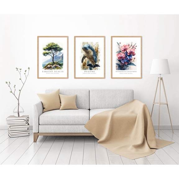 UNFFRAMED Luvia Set of 3 Papua New Guinea National Symbols Poster Prints, Dugong, Dendrobium Flower, and Acacia Tree Wall Art Decor Set 3 Prints 16x24
