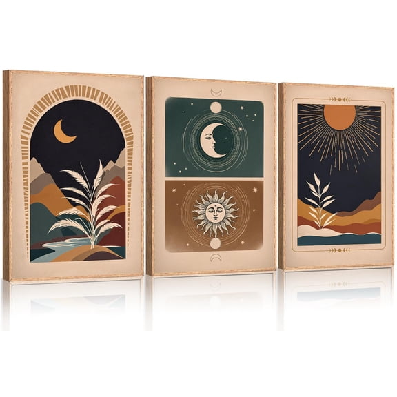 UNFFRAMED Luvia Set of 3 Poster Boho Desert Botanical Wall Art Sun and Moon Tropical Leaf Prints Retro Southwestern Decor for Living Room Bedroom Set 3 Prints 16x24