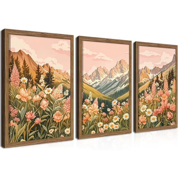 UNFFRAMED Luvia Set of 3 Poster Mountain Landscape Wall Art – Rustic Wildflower and Sunset Nature Prints, Boho Floral Artwork for Living Room Bedroom or Home Decor Set 3 Prints 8x12