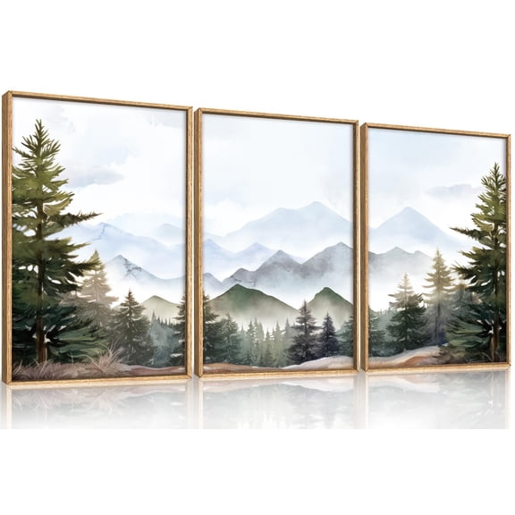 UNFFRAMED Luvia Set of 3 Poster Mountain Wall Art Misty Forest Landscape Prints Green Pine Tree Wilderness Scene for Living Room Bedroom Study Decor Set 3 Prints 12x18