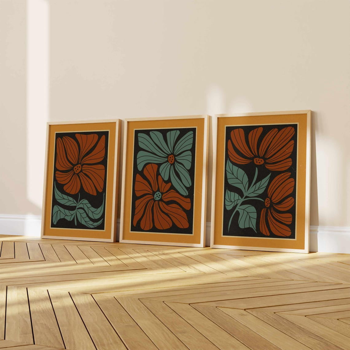 UNFFRAMED Luvia Set of 3 Retro Floral Wall Art Abstract 70s Botanical ...