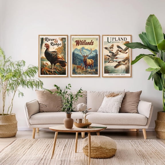 UNFFRAMED Luvia Set of 3 Retro Hunting Poster, Wildlife Deer Duck Wall Art, Rustic Outdoor Camping Prints for Cabin Living Room or Bedroom Decor Set 3 Prints 8x12