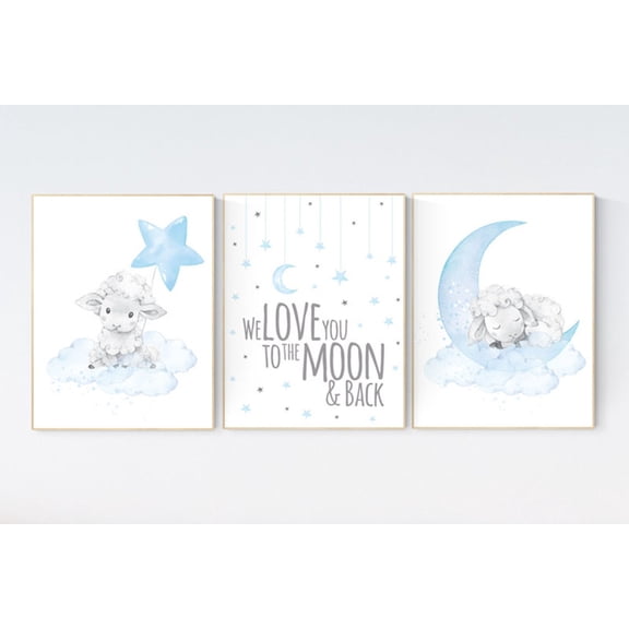 UNFFRAMED Luvia Set of 3 Sheep Nursery Poster, Blue Baby Boy Room Decor, Moon and Cloud Theme, We Love You to the Moon and Back Prints Set 3 Prints 8x12