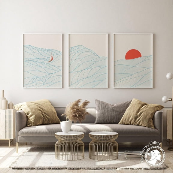 UNFFRAMED Luvia Set of 3 Sunset Sailboat on the Sea Poster Prints, Japanese Ocean Art, Simple Line Wave Drawing, Sunset Prints, Beach House Decor Set 3 Prints 20x30
