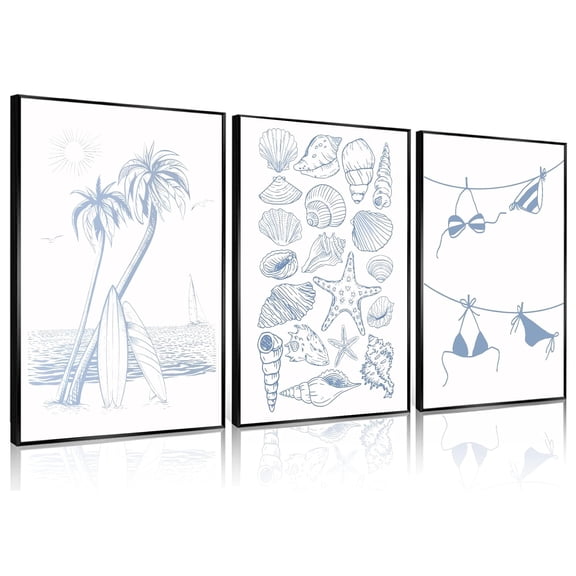 UNFFRAMED Luvia Set of 3 Trendy Coastal Wall Art Poster Blue Seashell Bikini Coquette Preppy Beach House Aesthetic for Girly Bedroom Dorm Apartment Set 3 Prints 8x12
