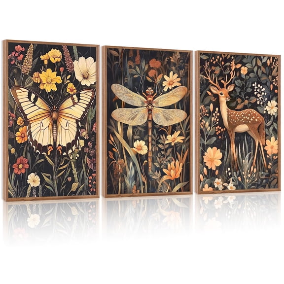 UNFFRAMED Luvia Set of 3 Vintage Dragonfly Poster Wall Art Botanical Wildlife Forest Prints for Living Room Bedroom and Office Decor Set 3 Prints 8x12
