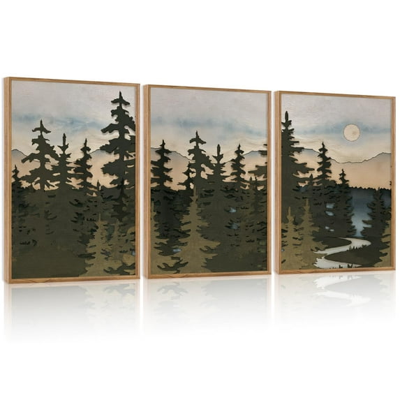 UNFFRAMED Luvia Set of 3 Vintage Mountain Poster Wall Art, Boho Sunrise and Forest Wilderness Landscape Decor for Living Room, Bedroom, or Office Set 3 Prints 12x18