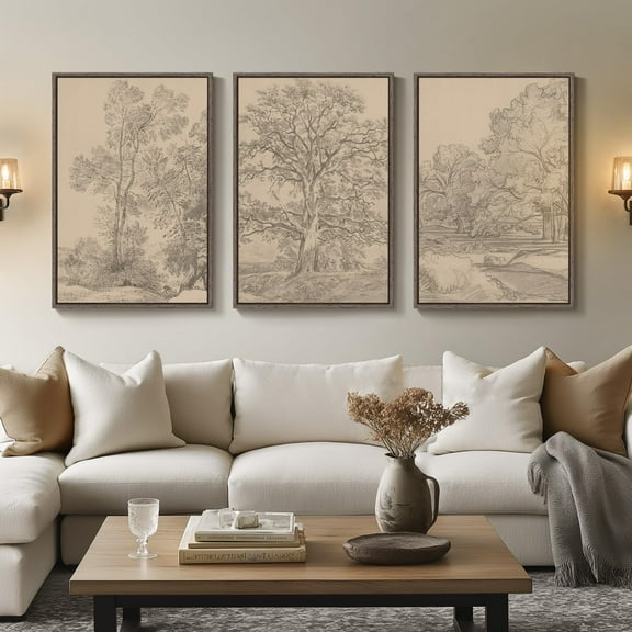 UNFFRAMED Luvia Set of 3 Vintage Neutral Landscape Poster Wall Art Retro Botanical Tree Forest Prints for Living Room and Office Decor Set 3 Prints 20x30