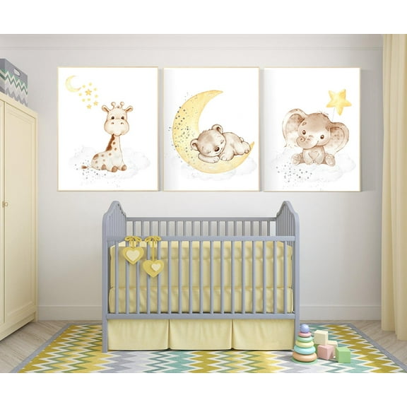 UNFFRAMED Luvia Set of 3 Yellow and Gray Animal Nursery Wall Art Prints Elephant Giraffe Bear Moon and Stars Gender Neutral Baby Room Decor Set 3 Prints 8x12