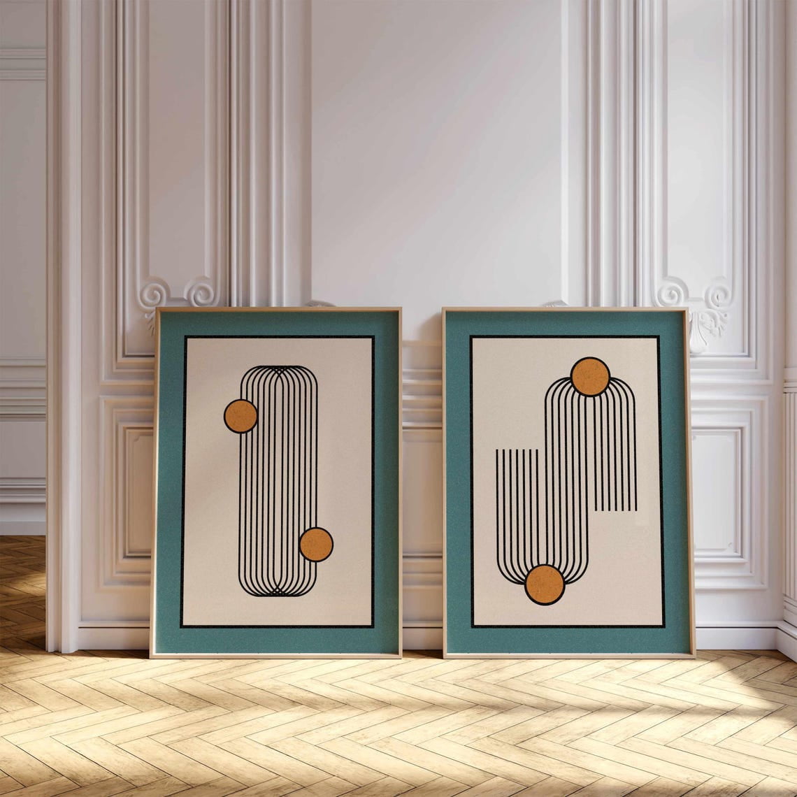 UNFFRAMED Luvia Set of 2 Abstract Mid Century Line Art Prints Geometric ...