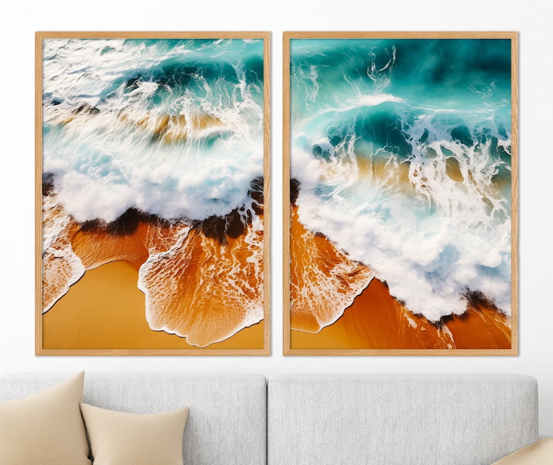 UNFFRAMED Luvia Set of 2 Beach Waves Poster, Aerial Ocean View Wall Art ...
