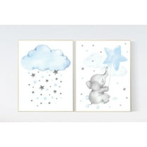 UNFFRAMED Luvia Set of 2 Blue Elephant Nursery Wall Art Prints Cloud and Stars Baby Room Decor for Boys Set 2 Prints 8x12