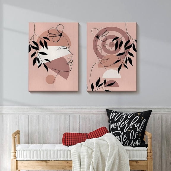 UNFFRAMED Luvia Set of 2 Blush Abstract Face Poster, Minimal Line Woman with Leaves, Modern Boho Wall Art Set 2 Prints 20x30