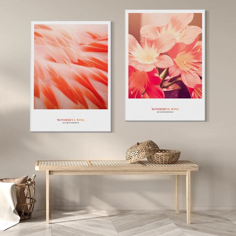 UNFFRAMED Luvia Set of 2 Coral Pink Feather & Floral Art Prints ...