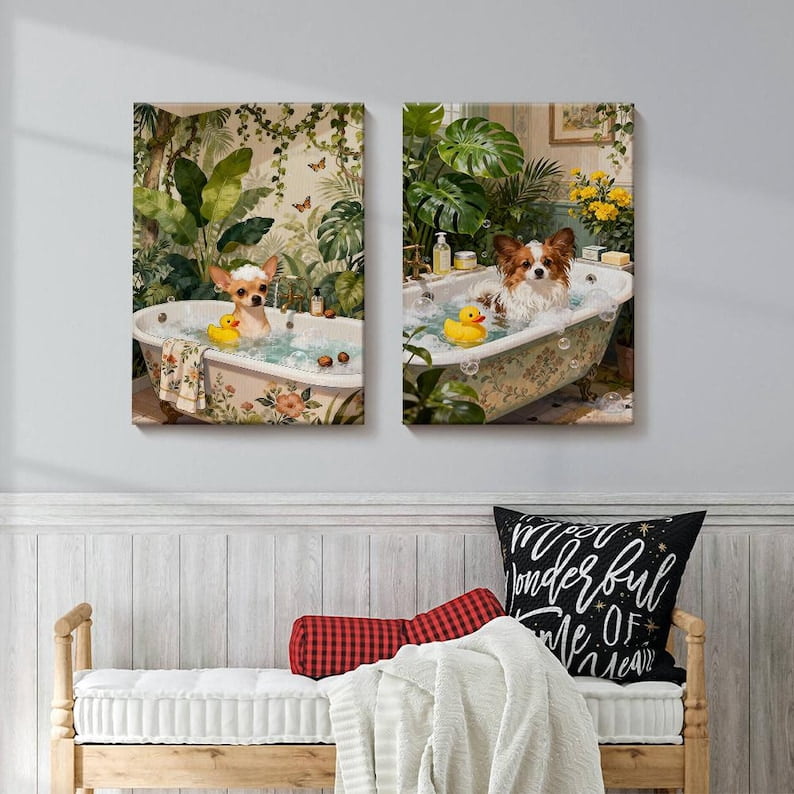 UNFFRAMED Luvia Set of 2 Dog Bathroom Wall Art, Cute Dogs in Bathtub ...