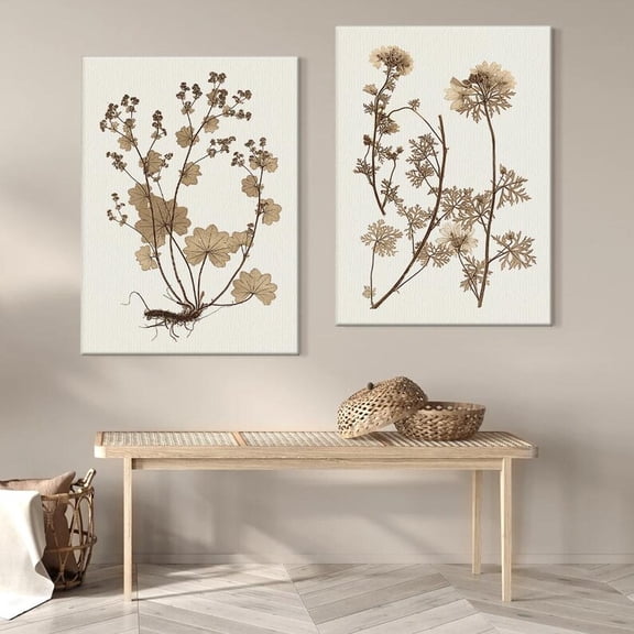 UNFFRAMED Luvia Set of 2 Neutral Botanical Prints, Beige Brown Wildflower Art Set 2 Prints 8x12