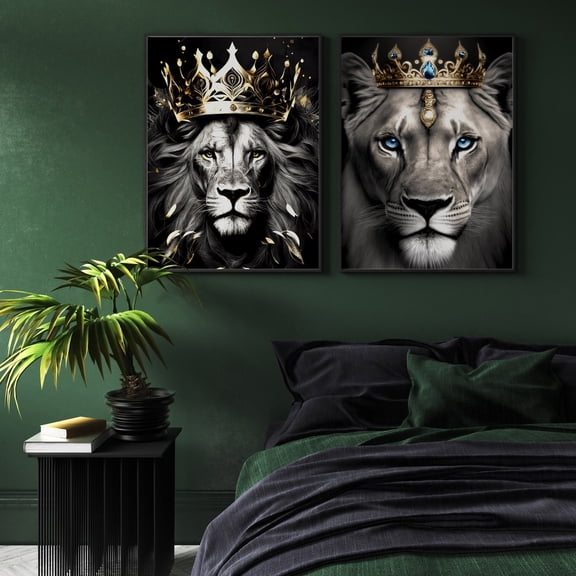 UNFFRAMED Luvia Set of 2 Royal lion Animal Portraits Poster Prints, Elegant Home Wall Art Decor Set 2 Prints 8x12