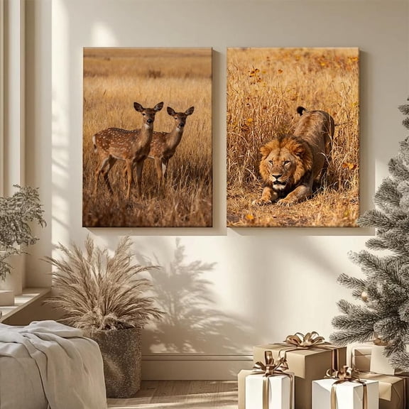 UNFFRAMED Luvia Set of 2 Safari Lion & Deer Art Prints, African Wildlife Decor Set 2 Prints 8x12