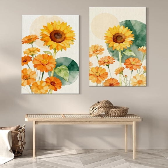 UNFFRAMED Luvia Set of 2 Sunflower Wall Art, Yellow Orange Floral Print, Modern Botanical Wall Decor Set 2 Prints 20x30