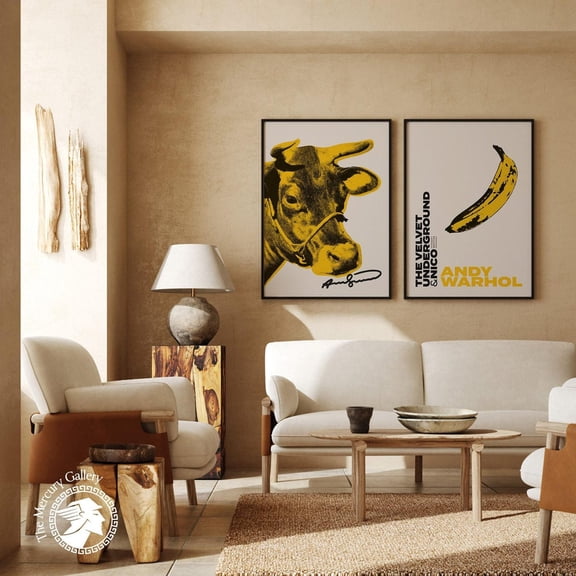 UNFFRAMED Luvia Set of 2 Warhol Prints, Banana Art, Yellow Cow Poster, Modern Gallery Wall Decor, Vintage Boho Home Art Set 2 Prints 8x12