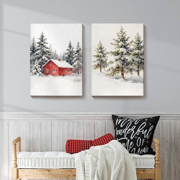 UNFFRAMED Luvia Set of 2 Winter Cabin Wall Art Prints, Snow Landscape, Cozy Red House and Pine Tree, Rustic Winter Decor Set 2 Prints 20x30