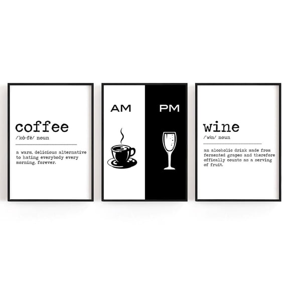 UNFFRAMED Luvia Set of 3 AM PM Coffee Wine Sign, Wall Art, Coffee Definition, Wine Definition, Kitchen Decor Set 3 Prints 20x30