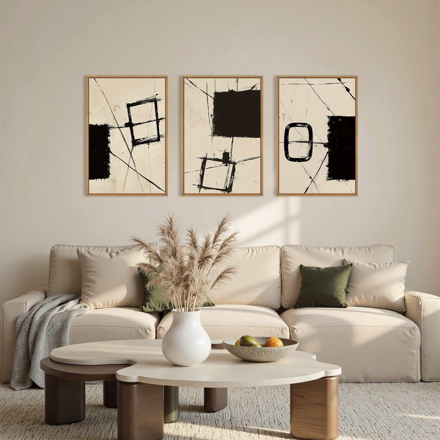UNFFRAMED Luvia Set of 3 Abstract Geometric Poster, Black and Beige ...