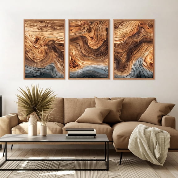 UNFFRAMED Luvia Set of 3 Abstract Waves Poster, Vintage Brown and Gray Wood Grain Wall Art for Living Room, Bedroom, Office Set 3 Prints 8x12