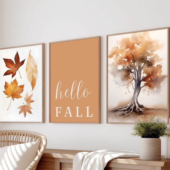 UNFFRAMED Luvia Set of 3 Beige Hello Fall Wall Art Prints Modern Autumn Leaves and Tree Quote Decor Set 3 Prints 8x12