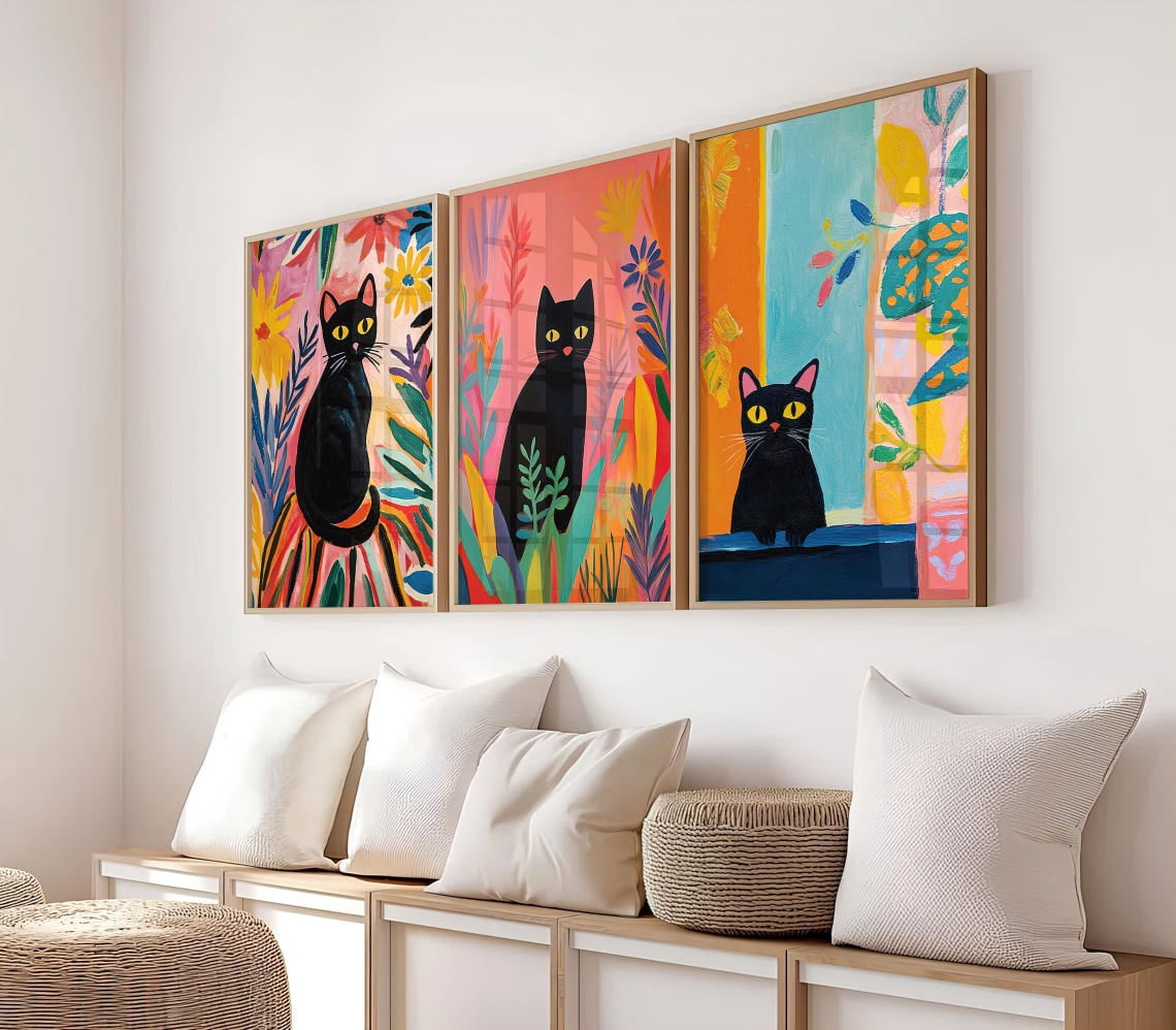 UNFFRAMED Luvia Set of 3 Black Cat Art Prints, Gallery Wall Art Set ...