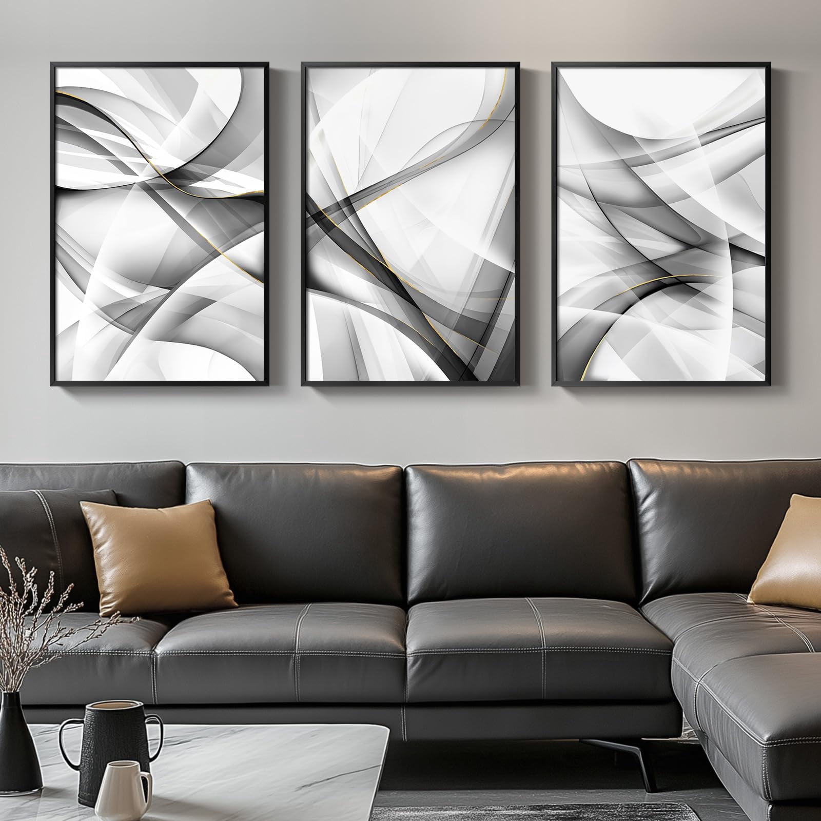 UNFFRAMED Luvia Set of 3 Black White Gold Abstract Lines Poster Wall ...