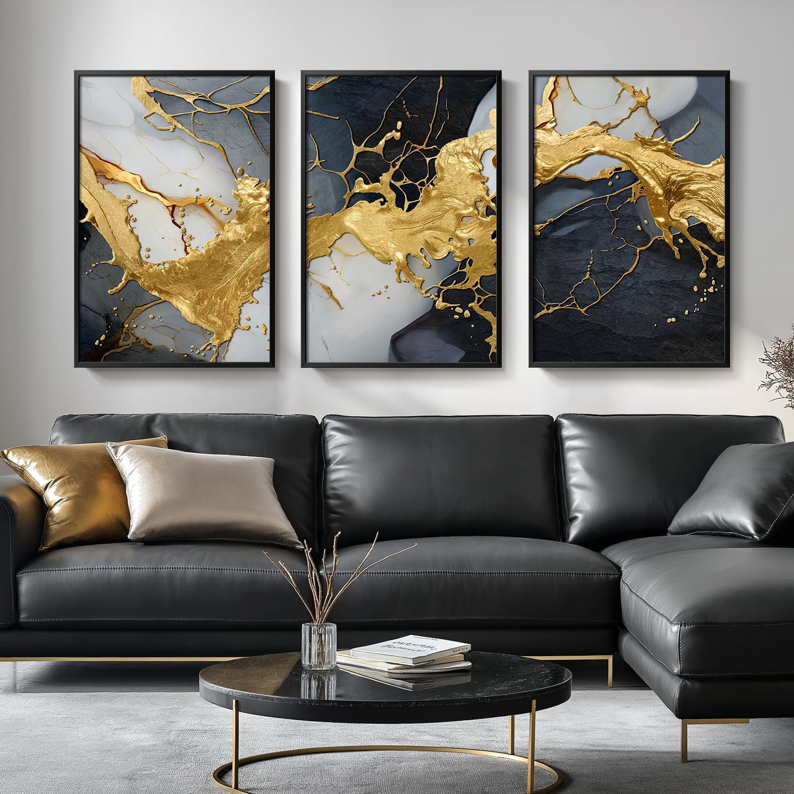 UNFFRAMED Luvia Set of 3 Black and White Gold Abstract Poster, Modern ...