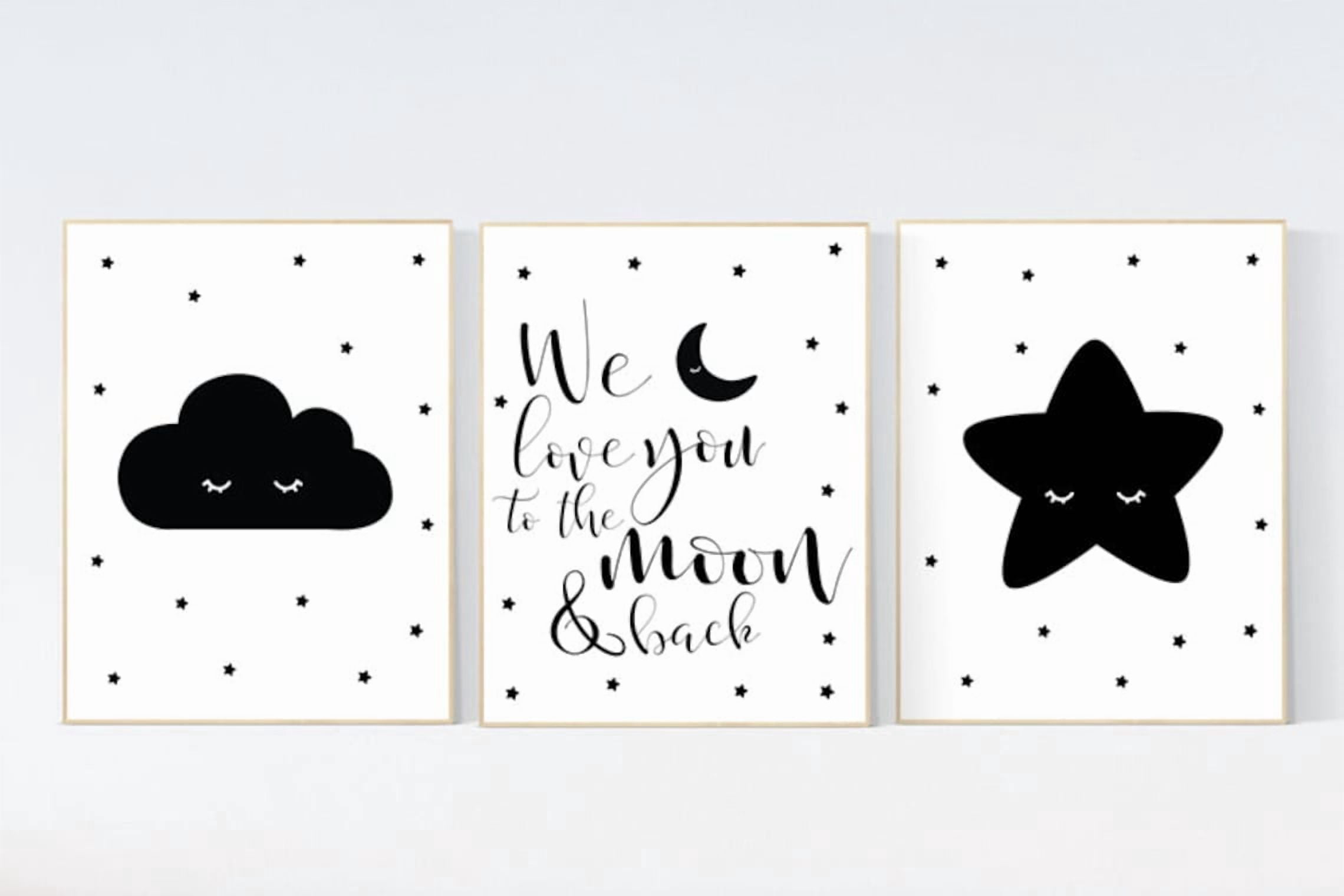 UNFFRAMED Luvia Set of 3 Black and White Nursery Poster Moon Cloud and ...
