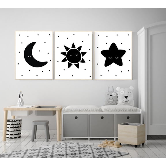 UNFFRAMED Luvia Set of 3 Black and White Sun Moon Stars Nursery Poster Set Gender Neutral Twin Baby Room Decor Prints Set 3 Prints 20x30