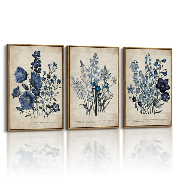 UNFFRAMED Luvia Set of 3 Blue Botanical Scene Poster Wall Art Country Farmhouse Cottage Decor for Bedroom Living Room Set 3 Prints 8x12