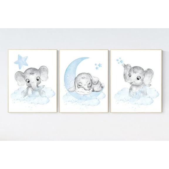 UNFFRAMED Luvia Set of 3 Blue Elephant Nursery Wall Art Prints Baby Room Decor for Boys Set 3 Prints 8x12