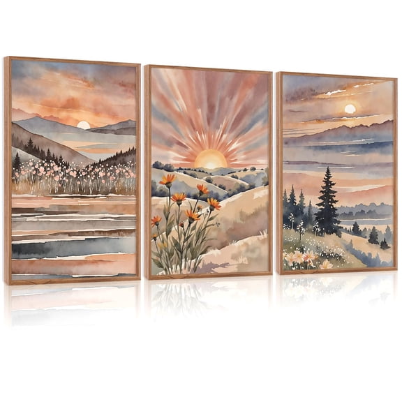 UNFFRAMED Luvia Set of 3 Boho Sun Poster Wall Art Sunrise Sunset Mountain Floral Prints for Living Room Bedroom and Office Decor Set 3 Prints 16x24