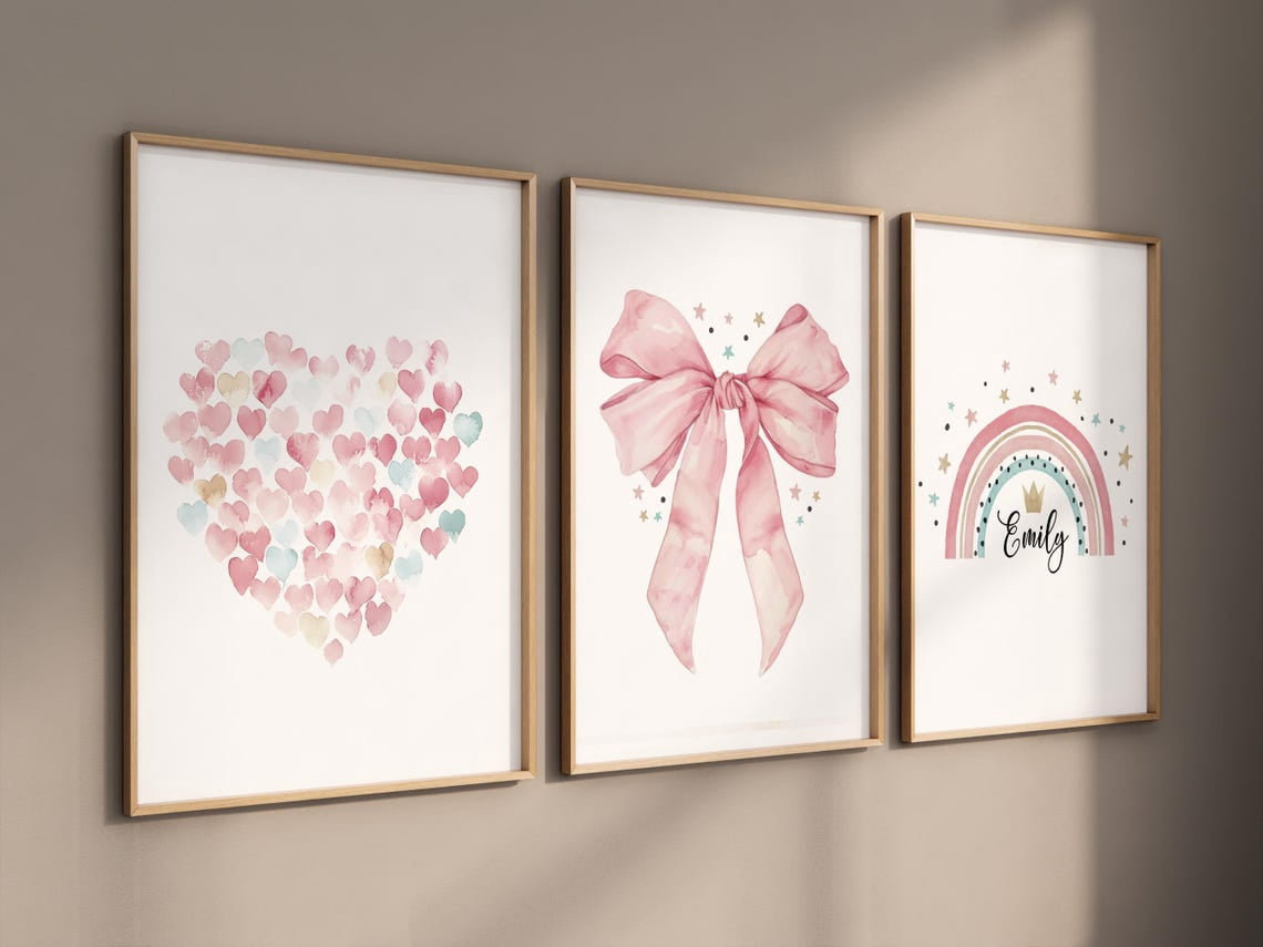 UNFFRAMED Luvia Set of 3 Bow Poster Wall Art, Pink Rainbow Bow Prints ...