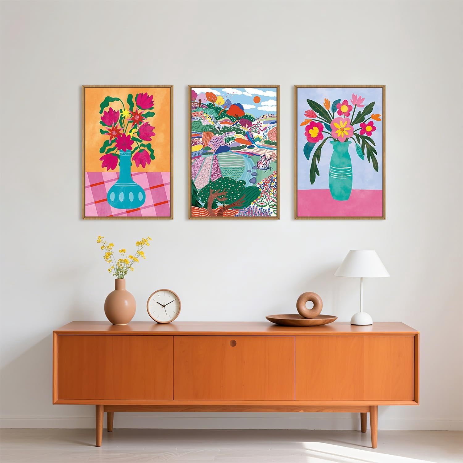 UNFFRAMED Luvia Set of 3 Colorful Flower Field Poster, Abstract Pink ...