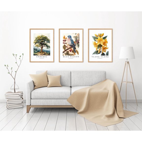 UNFFRAMED Luvia Set of 3 Comoros National Symbols Poster, Blue Pigeon, Ylang-Ylang, and Native Tree Wall Art Decor Set 3 Prints 16x24