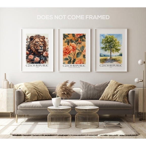 UNFFRAMED Luvia Set of 3 Czech Republic National Symbols Poster Prints, Czech Lion, Beach Rose, and Lípa Tree Wall Art Decor Set 3 Prints 8x12