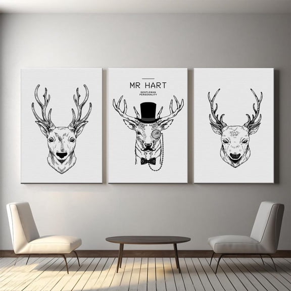 UNFFRAMED Luvia Set of 3 Deer Head Prints, Black and White Sketch, Rustic Lodge Decor Set 3 Prints 8x12