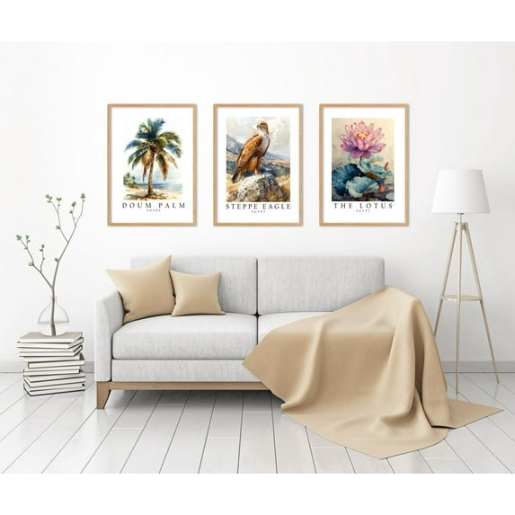 UNFFRAMED Luvia Set of 3 Egypt National Symbols Poster Wall Art, Eagle Lotus and Palm Tree Prints for Home Decor Set 3 Prints 12x18