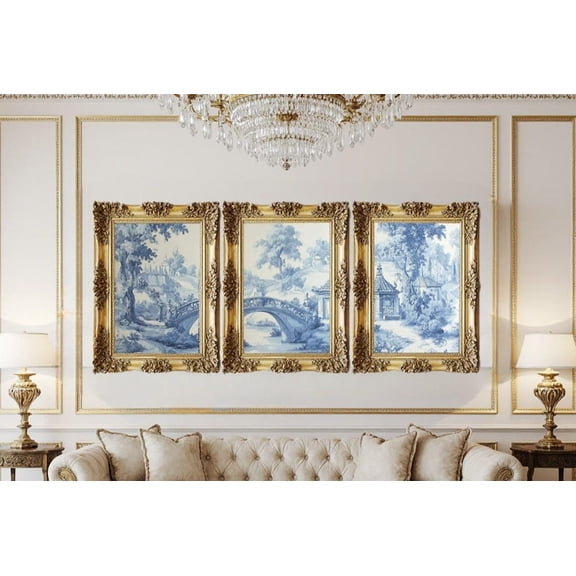 UNFFRAMED Luvia Set of 3 Elegant Landscape Poster, Blue and White Pattern, Vintage French Style Wall Art Decor Set 3 Prints 8x12